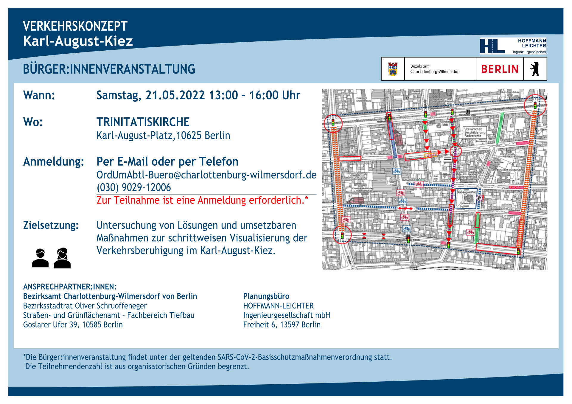 Einladung zur Öffentlichkeitsveranstaltung Verkehrskonzept Karl-August-Kiez, am Samstag, den 21. Mai 2022, in der Trinitatis-Kirche – Flyer BA Cha-Wi und Hoffmann-Leichter